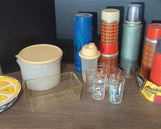 Vintage Tupperware, Stanley And Aladdin Thermoses, Juice Glasses And More