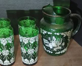Forest Green Pitcher And 4 Glasses