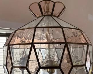Vintage Tiffany Style Pendant Light With Etched Clear Pink Glass Brass