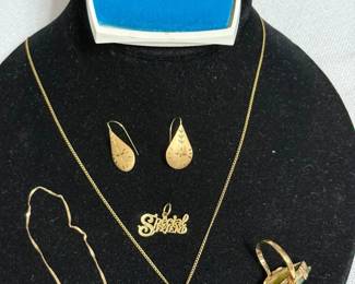 08 14K White Gold Diamond Pin, 14K Gold Necklace, Earrings, 10K Ring