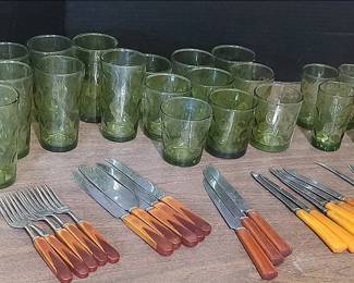Green Glassware And Bakelite Silverware