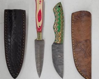 	Two Damascus Steel Knives with Leather Sheaths