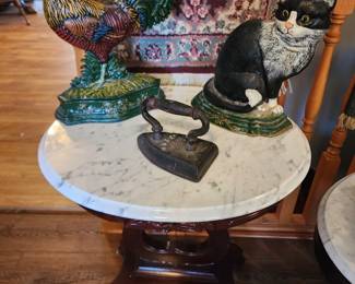 Marble Top Table, cast iron rooster and kitty cat doorstops