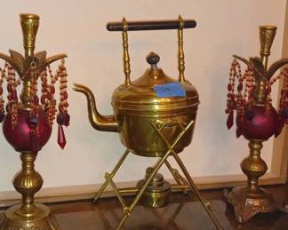 MS050Copper teapot on stand with pr red brass candle holders