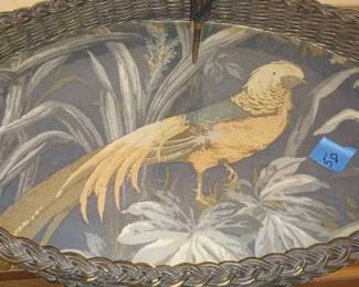 MS058Wicker and glass tray  silk and brass Victorian parasol