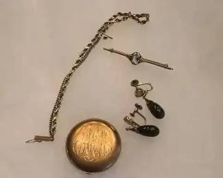 MS511V 14 k gold rope chain bracelet jade earrings and aquamarine stone pin