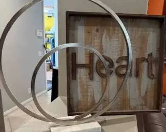 DG154Heart Wooden art and metal ring sculpture on marble base