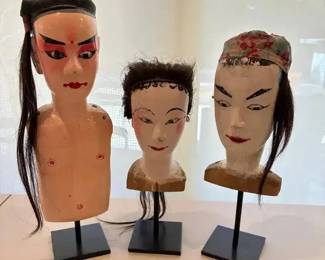 DG057Trio Of Unique Wooden Heads On Metal Stands