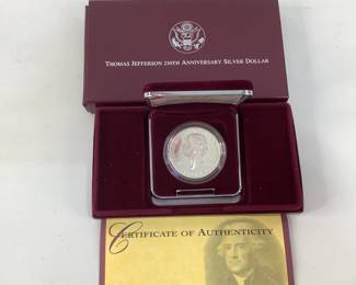 Thomas Jefferson 250th Anniversary Proof Silver Dollar. 90% silver.
