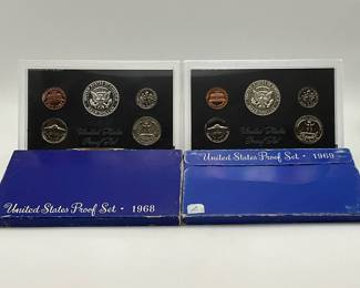 1968 and 1969 US Mint Proof Sets. Half Dollars are 40% silver.