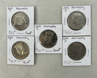 Kennedy Half Dollars, 1973 D, 1974 D, 2001 S, 2002 S, 2005 S.