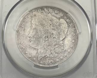 1904-S Morgan Dollar, graded F Details by CAC. Damage, obverse.