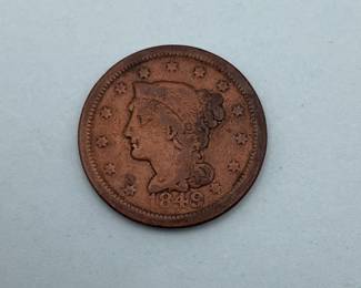 1849 Braided Hair Large Cent. Braided Hair Cents were minted from 1839 to 1857. Condition as Shown.