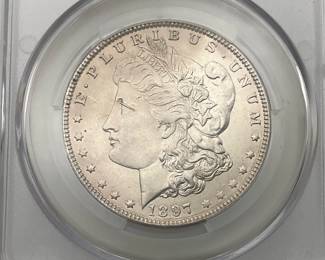 1897-O Morgan Dollar, graded AU Details by CAC. Harshly Cleaned.