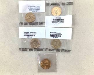 Set of Five Presidential Dollars: John F Kennedy, Lyndon Johnson, Ronald Reagan, Gerald Ford, Dwight D. Eisenhower.