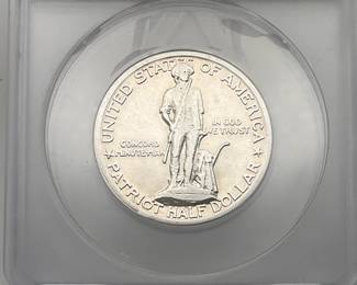 1925 Lexington-Concord Sesquicentennial Commemorative Silver Half Dollar. Struck to honor the 150th anniversary of the battles of Lexington and Concord, which started the American Revolutionary War. Graded EF 40 Details by ANACS. Scratched. Cleaned.