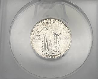 1929-D Standing Liberty Quarter, graded AU 50 Details by ANACS. Scratched. Cleaned.