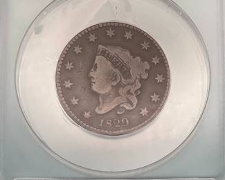 1829 Coronet Head Large Cent . Large Letters Variety. Coronet Head Cents were minted from 1816 to 1839. Certified as Very Good (VG8) Details by ANACS.