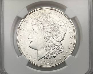1921-D Morgan Dollar, graded MS 61 by the Numismatic Guaranty Company.