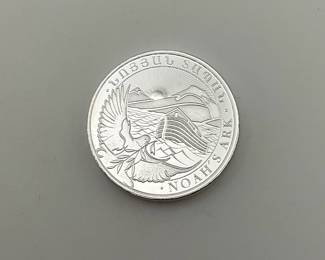 100 Dram Coin with 1/4 oz. .999 fine silver. Depicts a dove with an olive branch and Noah’s Ark on the flood waters in front of Mt. Ararat.