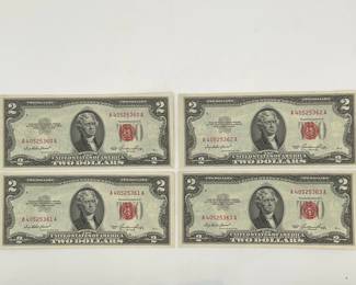 Four 1953 $2 Legal Tender Notes. Uncirculated. Consecutive Serial Numbers A40525360A to A40525363A. Fr. 1509.