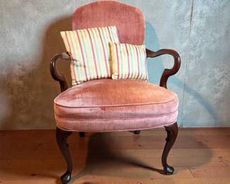 Pink Velvet Accent Chair With Striped Pillows