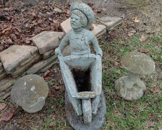 Yard Art Boy With Wheel Barrel In Mushrooms