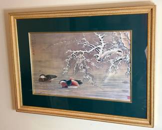Framed OshidoriMandarin Ducks Swimming In Winter Scene