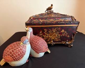 05 Pair Of Kutanilike Quail Figurines Ornate Bird Jewelry Box