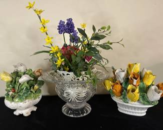 24 Lead Crystal Contessa 12 Bowl W Faux Flowers And Ceramic Flowers