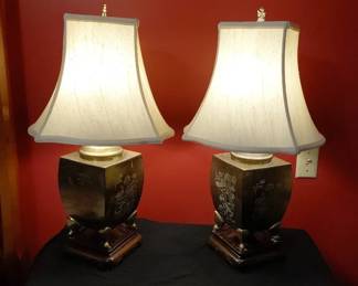 Pair Of Chinese Brass Table Lamps With Asian Animal Scenes