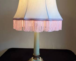 Marble Brass Table Lamp With Pink Fringe Lampshade