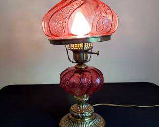Vtg. Fenton Cranberry Paisley Hurricane Lamp