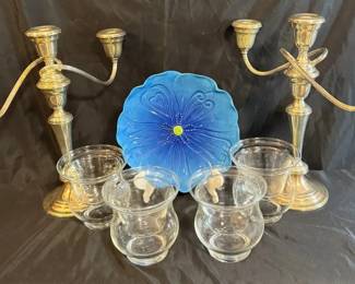 Dining In Vintage Style 2 Gorham SP Candlesticks, 4 Shrimp Cocktail Glasses,Decorative Blue Plate