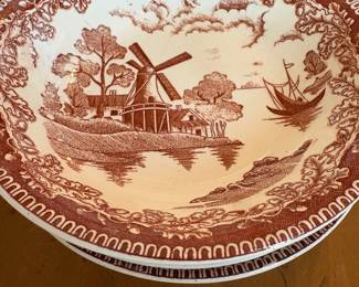 This is a vintage Japan Ironstone brown transferware plate in the "Holland Scenes" or "Windmill" pattern with an oak leaf and acorn border. Small bowl $5 each. 