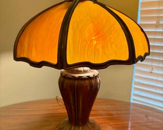 Amber Slag Glass Tiffany Style Art Nouveau Fluted Antique Bronze Lamp 2 feet x 2 feet $600