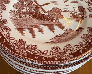 This is a vintage Japan Ironstone brown transferware plate in the "Holland Scenes" or "Windmill" pattern with an oak leaf and acorn border.  Bread plate $5 each