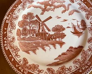 This is a vintage Japan Ironstone brown transferware plate in the "Holland Scenes" or "Windmill" pattern with an oak leaf and acorn border. Dinner plate $8 each