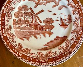 This is a vintage Japan  brown transferware dinner plate featuring a Holland Scenes pattern with a central windmill motif and an acorn border.  $8 Each