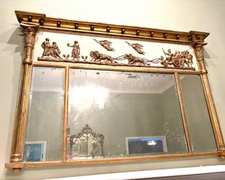 Giltwood Overmantel Mirror Neoclassical Scene Frieze Lions and Angels $1,600
58”X38” Call Donna 850-516-2425