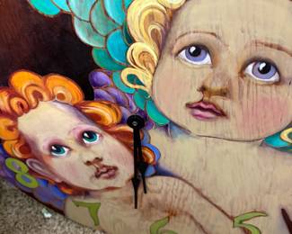 Original Art by Owner Cherub Angels on Wood Clock $300