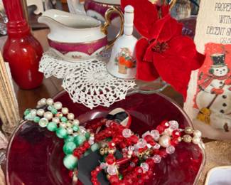 China creamer and sugar, red bowl, jewelry, ceramic bell