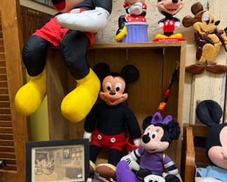 Vintage Disney items - stuffed animals, clocks, picture frames, wood wall hanging