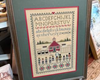 Vintage Needlepoint of Teacher and School house Scene