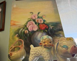 Vintage lamb planter, oil painting, pig planter