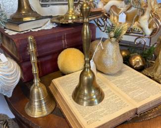 vintage brass bells, pears, books, angels, brass candlesticks