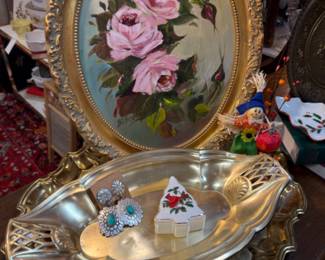 Unusual MCM Brass tray also has hook for hanging, Oval framed floral oil