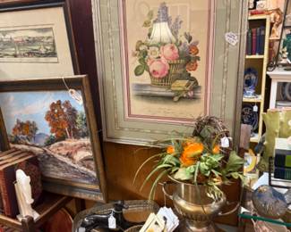Framed art, prints, oils, brass vase, books