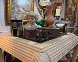 vintage end tables, pitcher, metal cat figurine