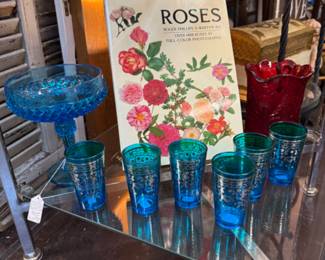 blue glassware, candy dish & coffee table Roses book